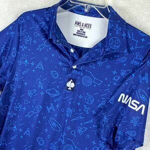 Pins & Aces Nasa Polo Shirt Mens S Blue Space Stretch Golf Performance Preppy
